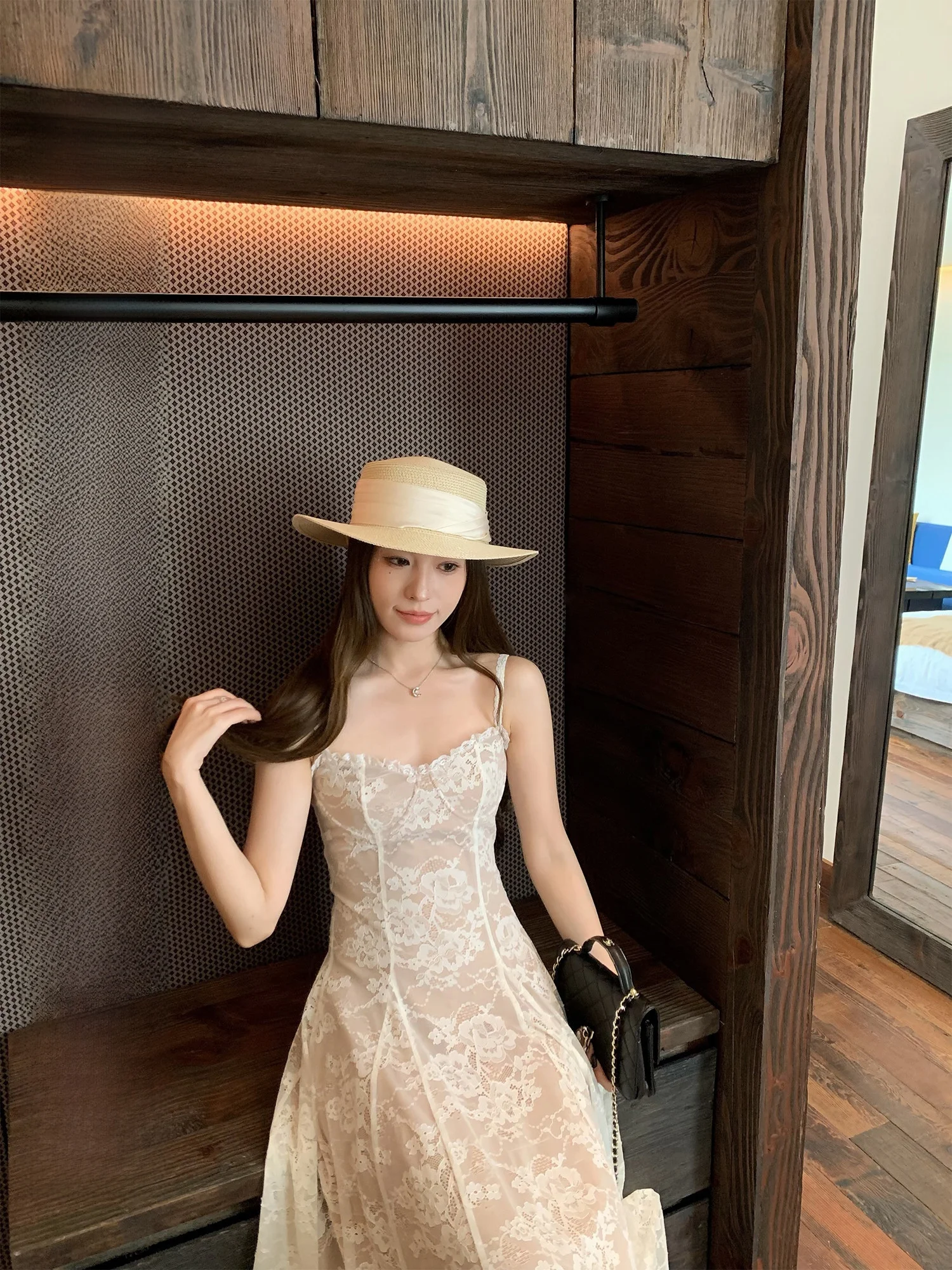

Hhyii Eden Spring Garden Vintage Heavy Embroidery Lace Dress Women's Holiday Style Waist Cinching Strap Dress