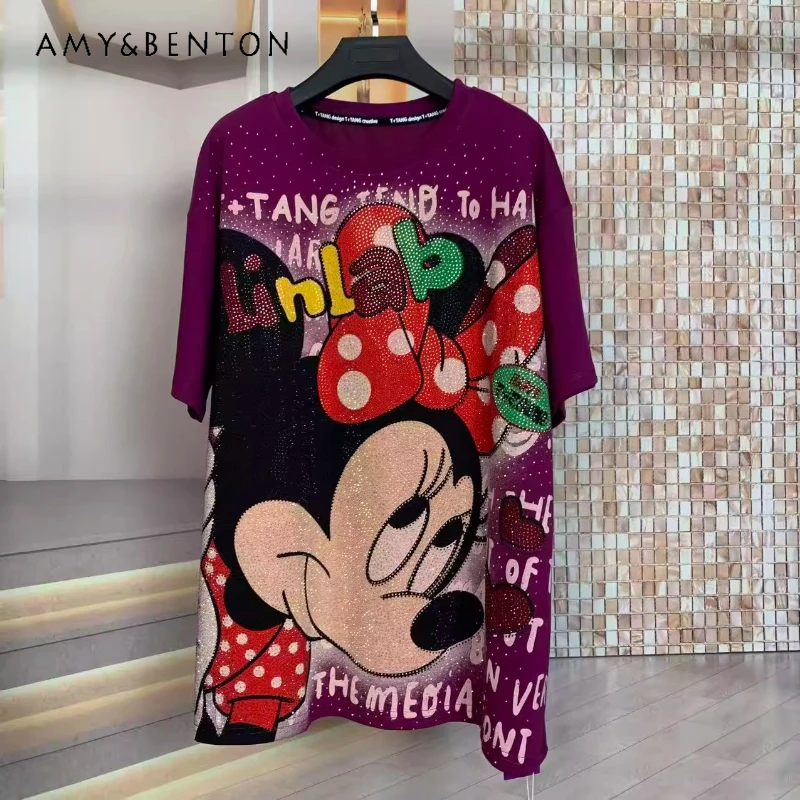 Age-Reducing Oversized Short Sleeves T-shirt Top Autumn Winter New Fashion Heavy Industry Full Diamond Cartoon Mid-Length Tees