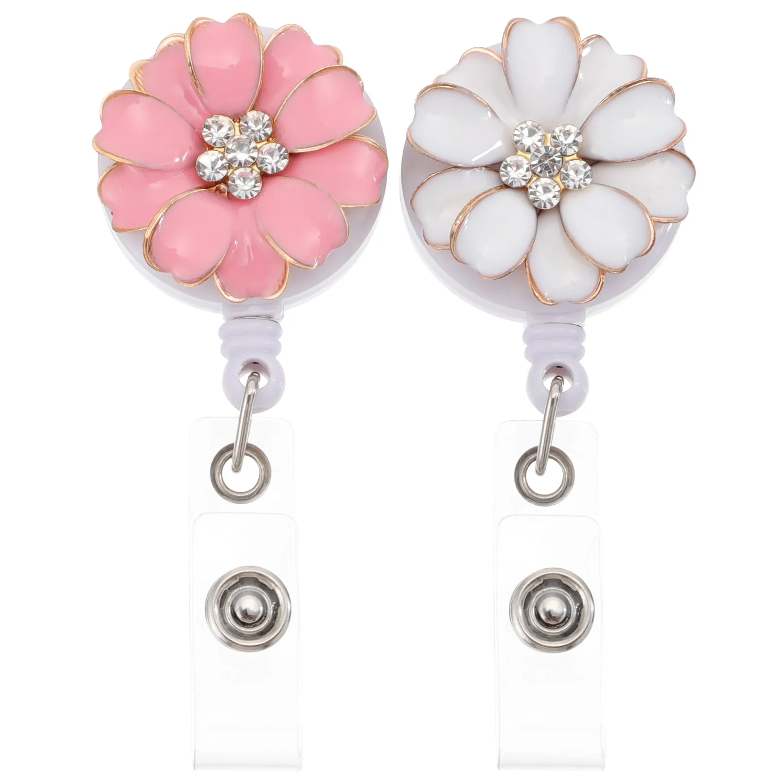 

2Pcs Badge Holders Flower Rhinestone Clip Lightweight Portable Retractable Id Name Badge Holder for Keys Badges Id Cards