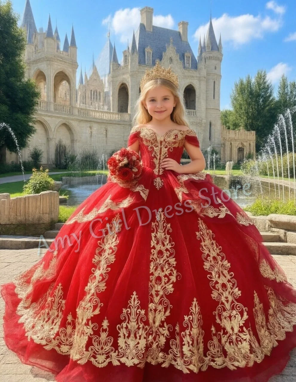 

Customized Red Flower Girl Dress For Wedding Gold Appliques Floor Length Gorgeous Princess Birthday First Communion Pageant Gown