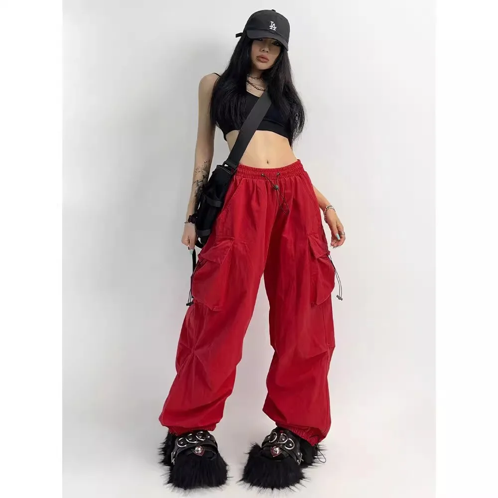 1 Stück Damen-Cargohose | Amerikanischer High-Street-Streetwear-Stil | Kordelzug, hohe Taille, lockere Passform, gerades Bein, weites Bein – Detail 2