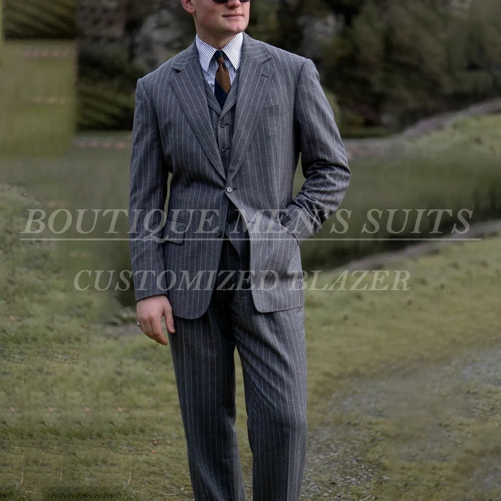 

Formal Stripe Men's Suits Fashion Single Breasted Notch Lapel Slim Fit 3 Piece Jacket Pants Vest Full Sets Elegant Male Clothing