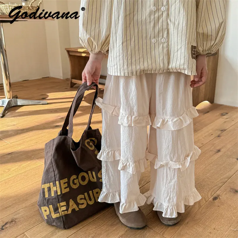 

Sweet Little Girls Lace Trim Wide Leg Pants New Spring 2026 Korean Fashion Childrens Solid Loose Elastic Waist Casual Pants