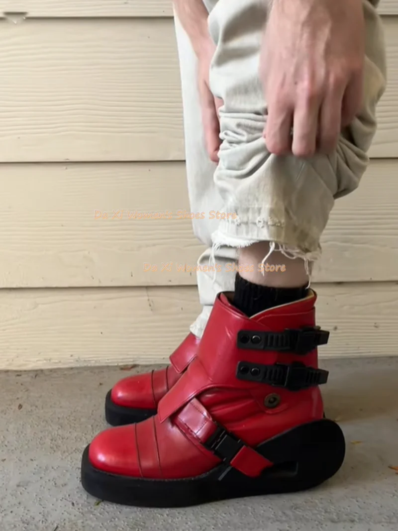 Red Patent Ankle Boots Techwear Multi Buckle Strap Cut Out Hollow Platform Sole Boots Y2K Gothic Motorcycle  red Women's Boots - view 5
