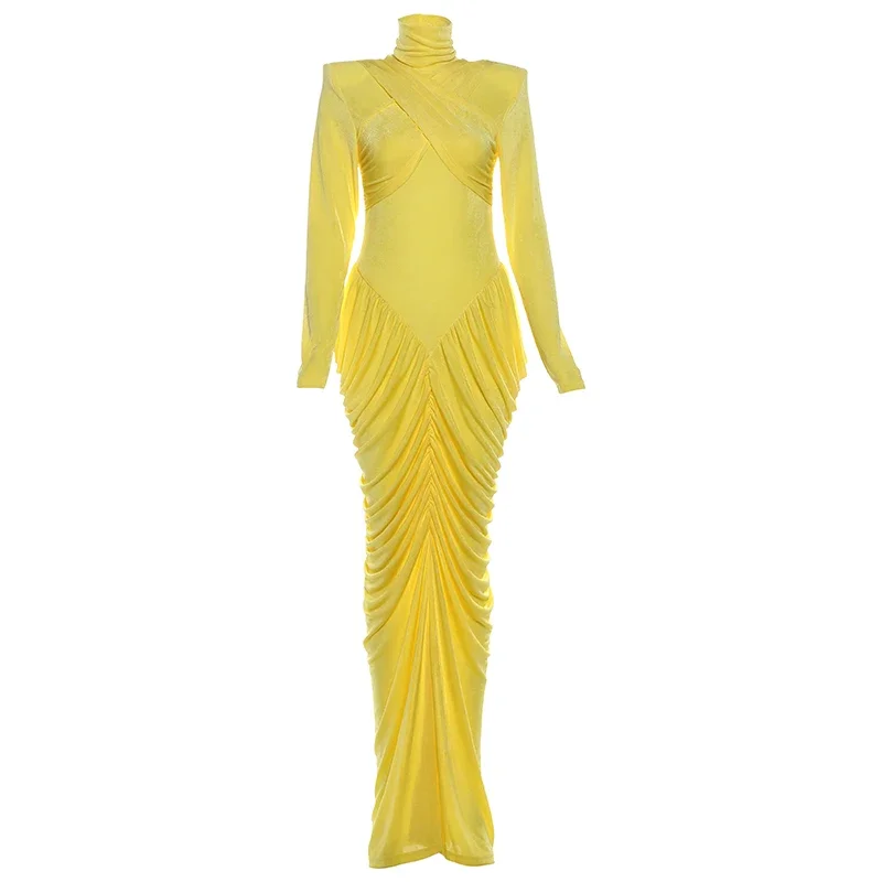 Women Turtleneck Long Sleeve Maxi Dress Shoulder Pad Backless Ruched Stretch Bodycon Floor Length Prom Party Evening Dress