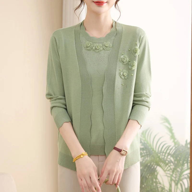 

Two Pieces Sets Sweater Women Autumn Spring Mother Sweater Casual Pull Femme Short Sleeve Top + Cardigans