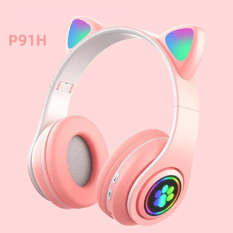 Wireless Bluetooth headphones with microphone and LED flash, stereo music headset, foldable, cute cat ears, B39M