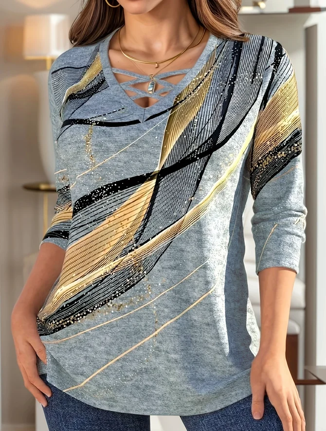 Plus Size Women's Fashion Cross V - Neck Striped Print Long - Sleeve Top