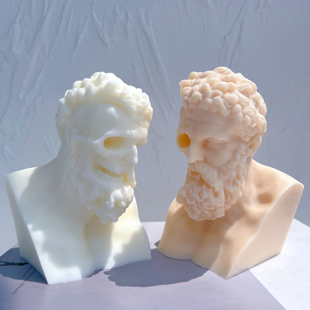 Man Bust Statue Silicone Mold Unique Half Skull Sculpture Soy Wax Candle Mould Greek Mythology Home Decor