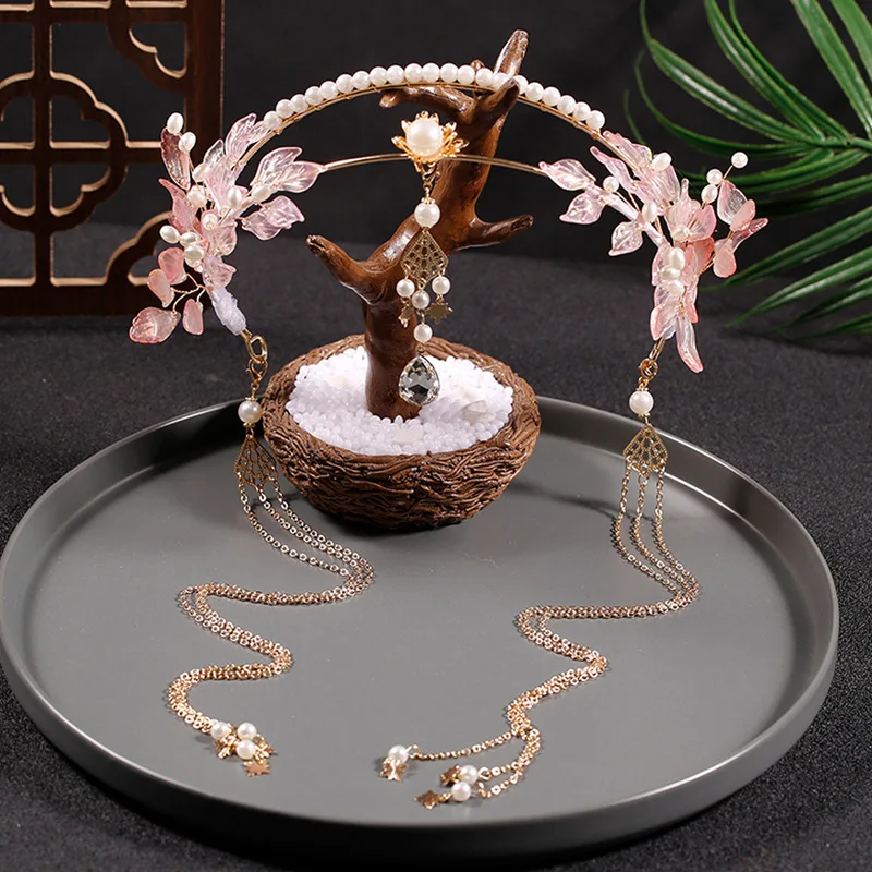 Rosa floral hairband chinês hanfu acessórios de cabelo longo borla tiaras bandana fada testa jóias de cabelo vintage pérola coroa