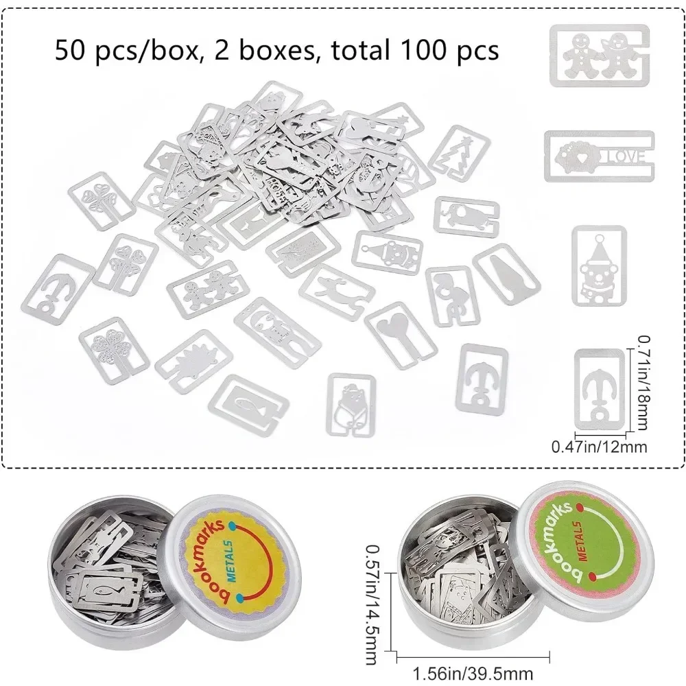 2 Boxes Book Darts Thin Stainless Steel Mini Bookmarks 100 Pieces Metal Bookmarks Mixed Shapes for Reading, Page Mark, Students