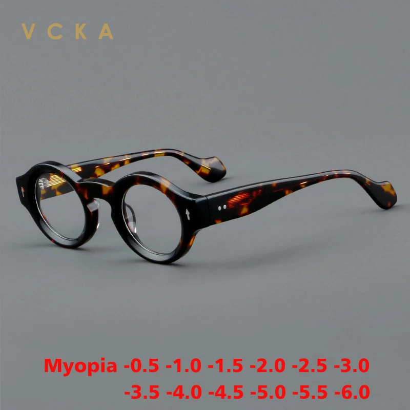 

VCKA Round Acetate Myopia Glasses Frame Vintage Men Prescription Intensification Women Custom Optics Retro Eyewear -0.50 to -10