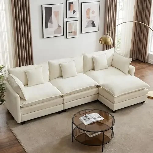 113” Modular Sectional Sofa, L Shaped Cloud Couch with Movable Ottoman, Comfy Chenille Deep Seat Sofa with Throw