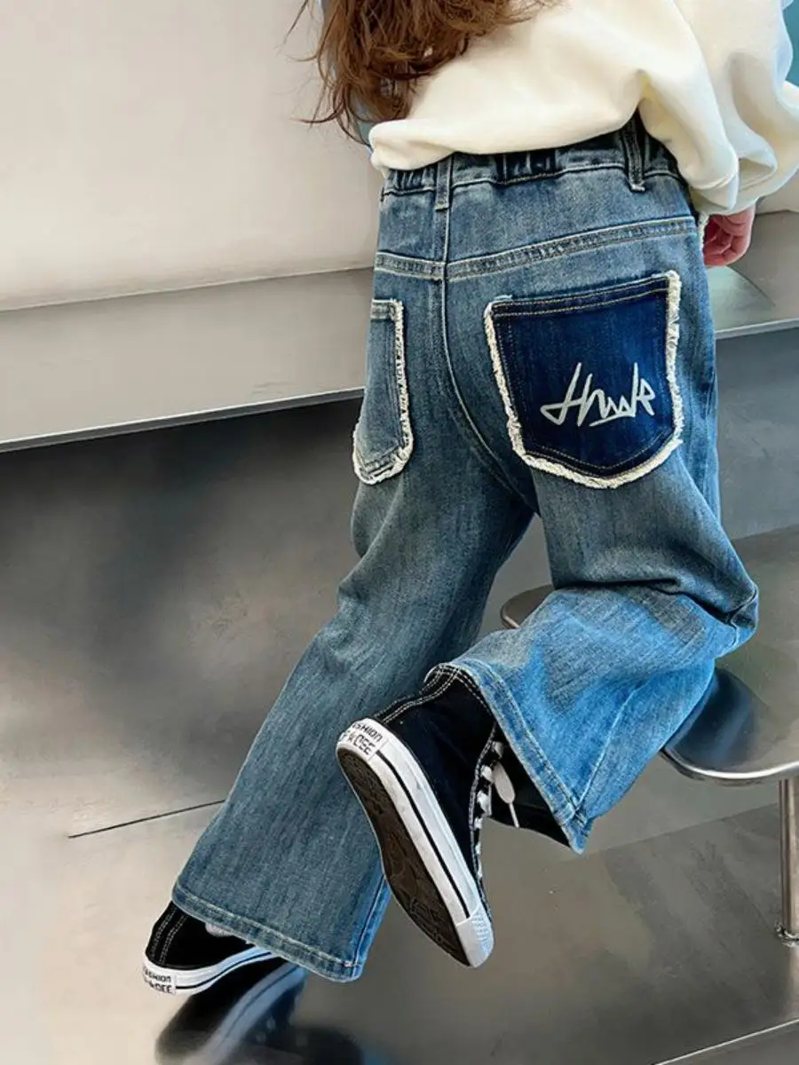 Girls Fringed Jeans Children Straight Leg Casual Pants Loose Children Clothing Fashion Girls Pants Trendy