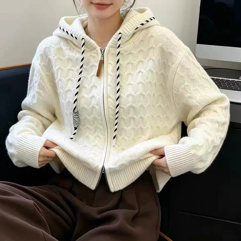 Women Hooded Knitted Cardigan Casual Lazy Wind Two Way Zipper Cable Knit Sweater Fall Winter Striped Drawstring Loose Outwear
