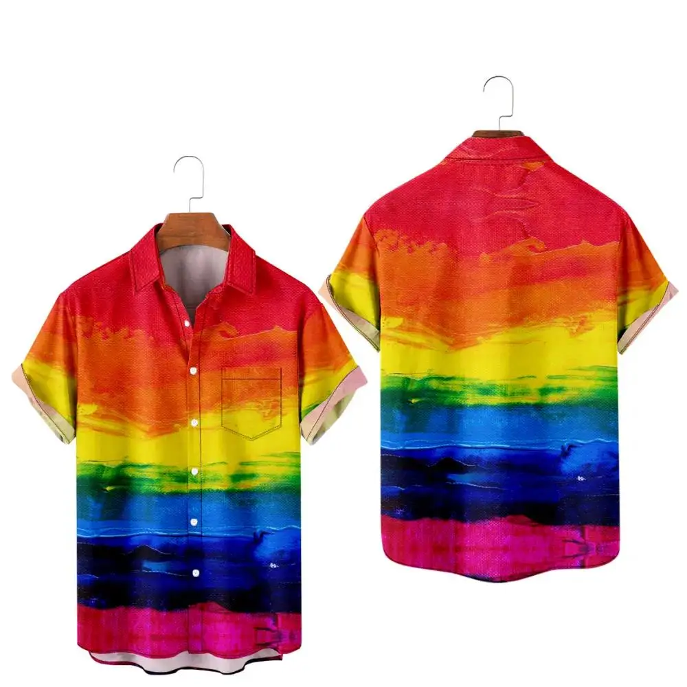 New Pride LGBT Love Lesbian Rainbow Design Print Short Sleeve Pocket Shirts  LGBT Print Shirts Men Women Tops