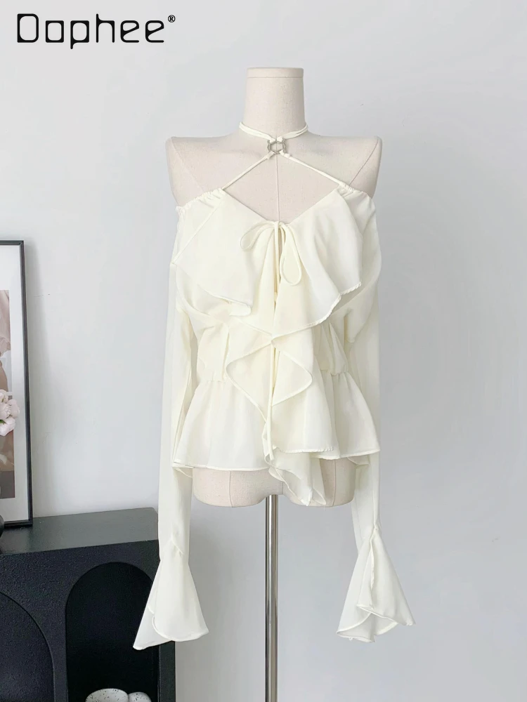 

2024 New Women White Halter Chiffon Shirt Long Trumpet Sleeve Lotus Leaf Frill Fairy Atmosphere White Western Style Bottom Shirt