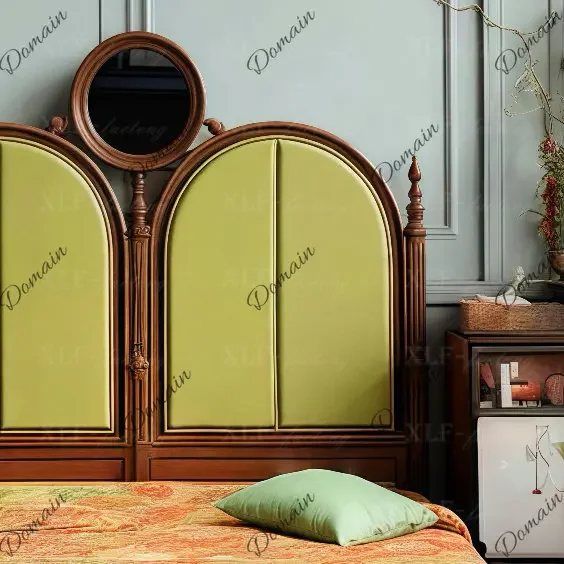 LA French retro solid wood bed 1.8 meters double master bedroom marriage bed medium ancient American soft bag bed Y