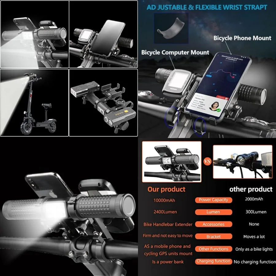 

10000mAh Bicycle Light, Bike Handlebar Extender, Electric Scooter Accessories, Aviation Aluminum Alloy 2400lumens Bike Headligh