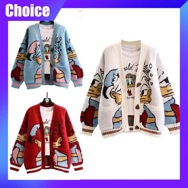 MINISO Disney Donald Duck Anime Cartoon maglione cappotto da donna autunno/inverno Cardigan allentato maglione lavorato a maglia Top abbigliamento