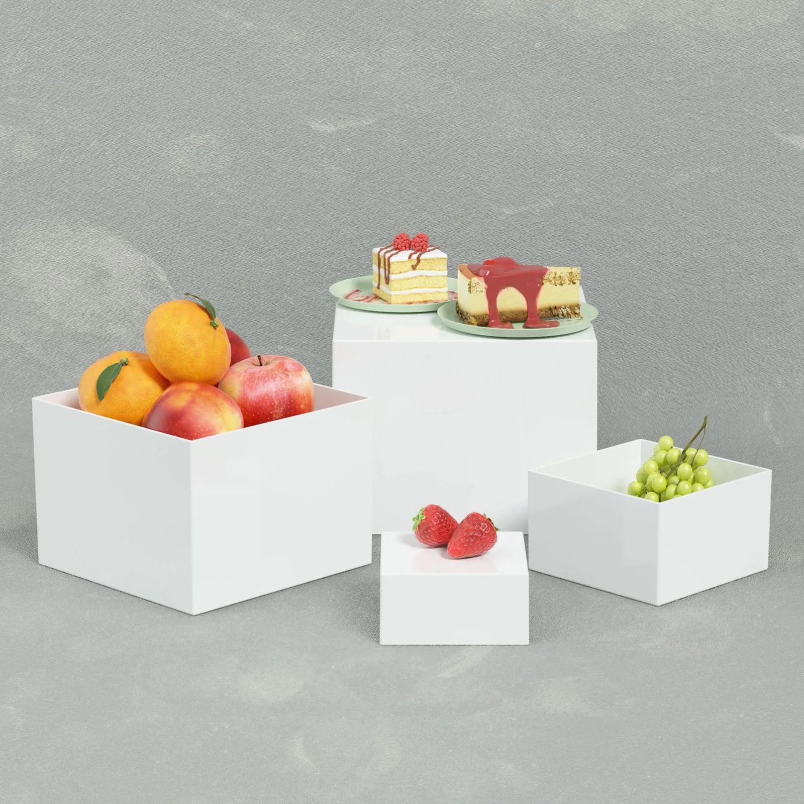 Elevador de Buffet apilable, caja de almacenamiento cuadrada blanca acrílica, exhibición de cubos, elevadores anidados, caja de exhibición para postre, pastel, caja de cinco lados