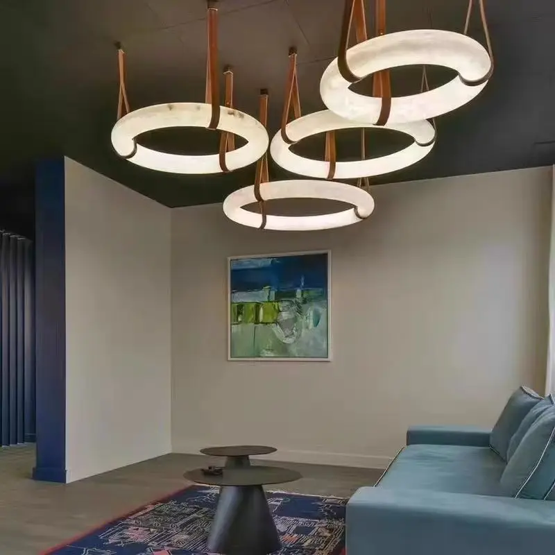 Modern Minimalist Faux Alabaster Living Dining Pendant Light Creative Circular Ring Leather Fixture Hotel Bar Home Lighting LED