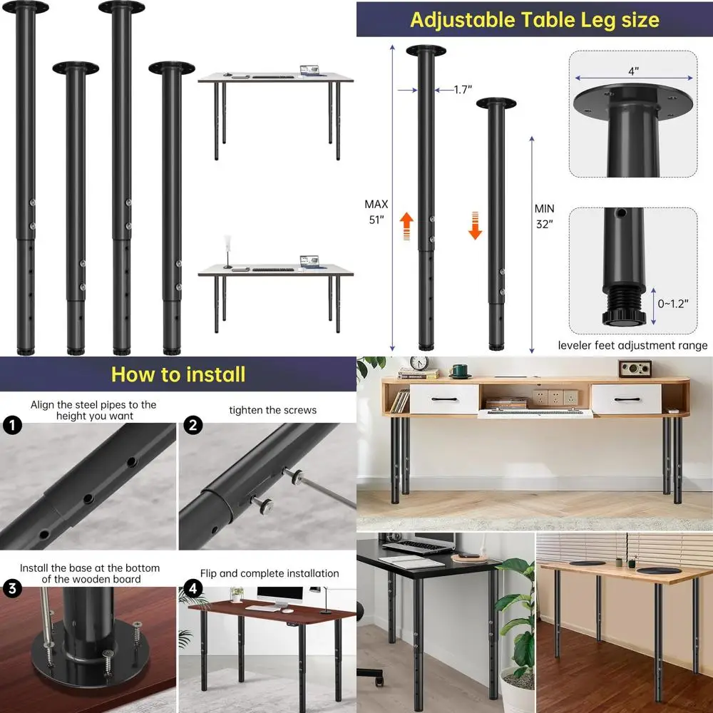 

Комплект из 4 регулируемых металлических ножек стола, радиус действия 32–51 дюйма, для домашнего офиса, компьютера и обеденных столов черного цвета