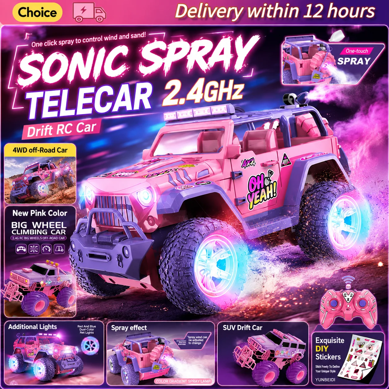

1:16 Pink Remote Control Car 2.4GHz Spray Music Light Forceful Drift RC Car 1:18 Climbing Off-road Car Kid’s Toys Festival Gifts