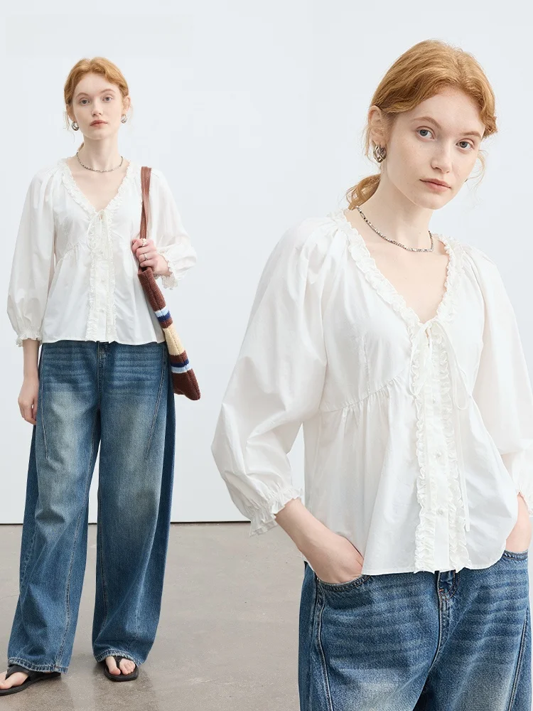 

French Style V-Neck Lace Trim Shirt Women Early Spring Belted Seven-Quarter Lantern Sleeve Doll Shirt Top Breathable Regular Fit