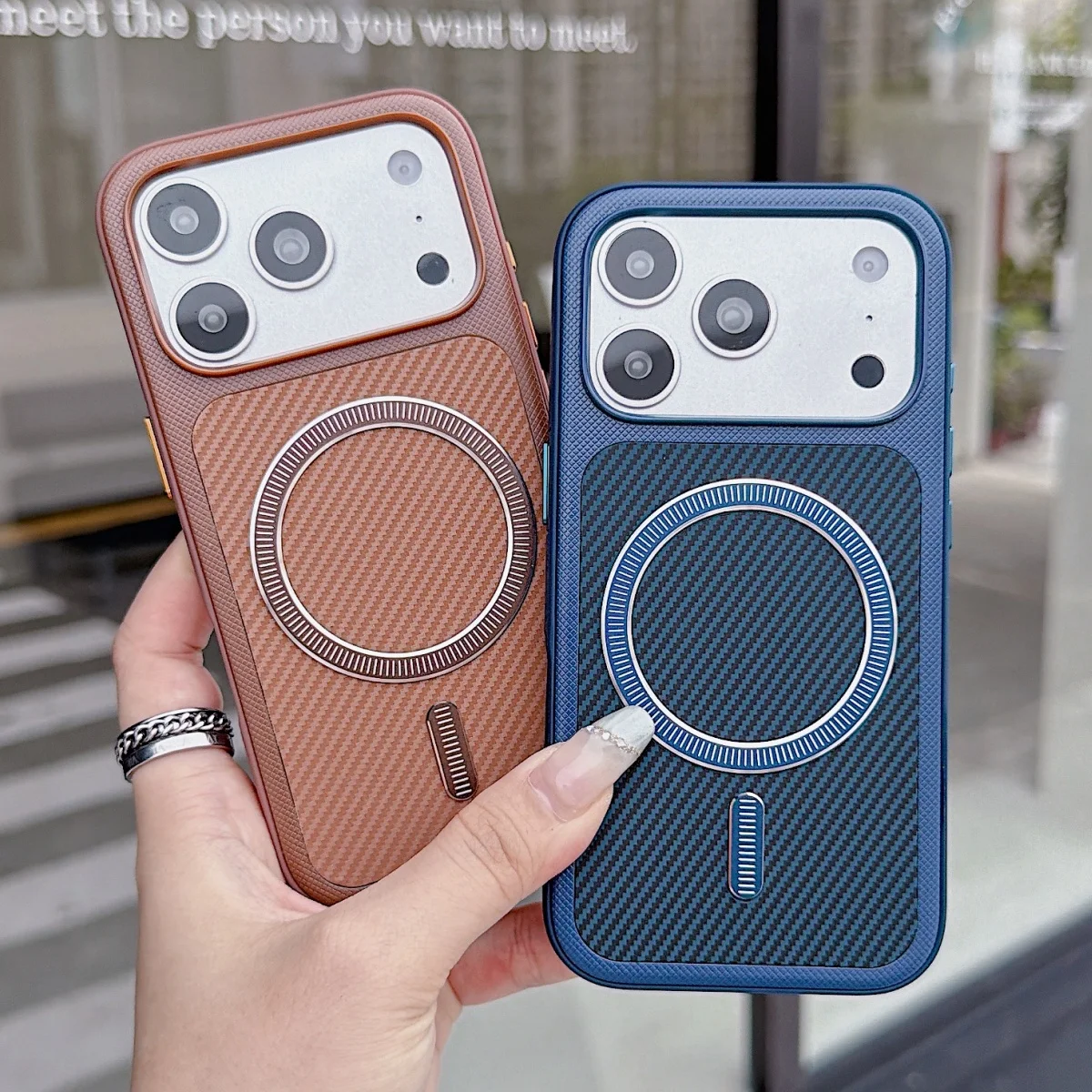 Carbon Fiber PU Leather Texture For Magsafe Magnetic Case For iPhone 18 17 16 15 14 13 Pro Max Hybrid Bumper Armor Phone Cover view 3