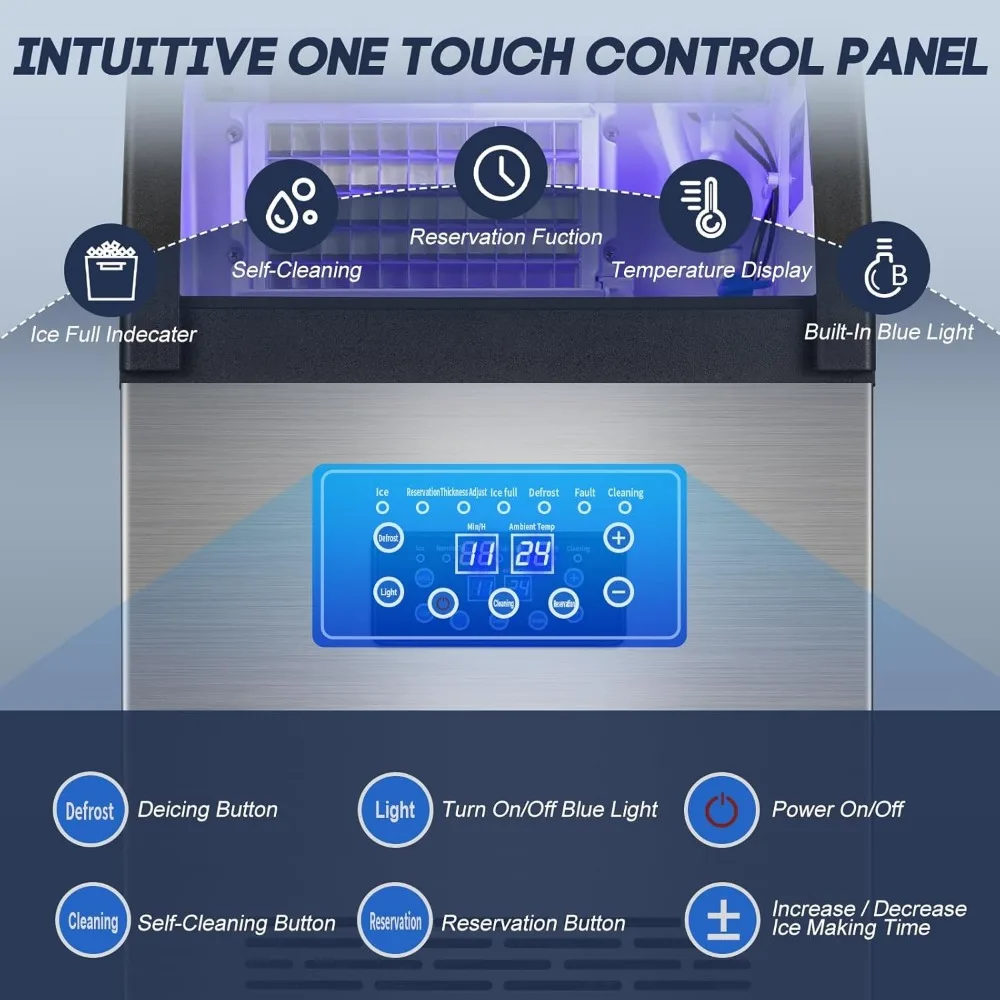 아이스 메이커, 50LBS 보관함, 스테인레스 스틸 언더카운터, 프리 스탠딩, 홈 바 야외용, 55 개 아이스 큐브, 셀프 클리닝