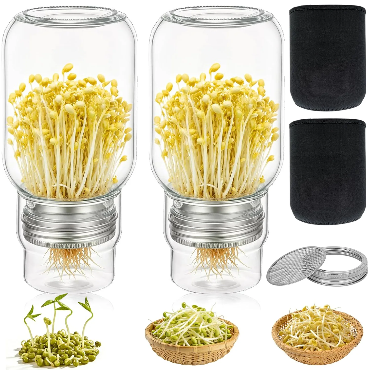 Lot de 2 pots de germination en verre de 500 ml à large ouverture, adaptés aux micro-pousses d'alfalfa, aux pousses de brocoli, cadeau pour les passionnés de santé et les cultivateurs à domicile