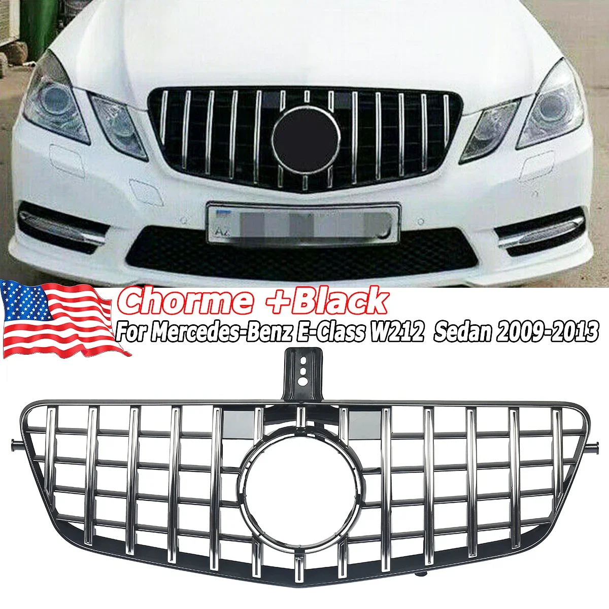 

Chrome Black Grille for Mercedes Benz W212 E Class Grill 2009-2013 GT Style Front Grate E300L, E400L, E200, E350