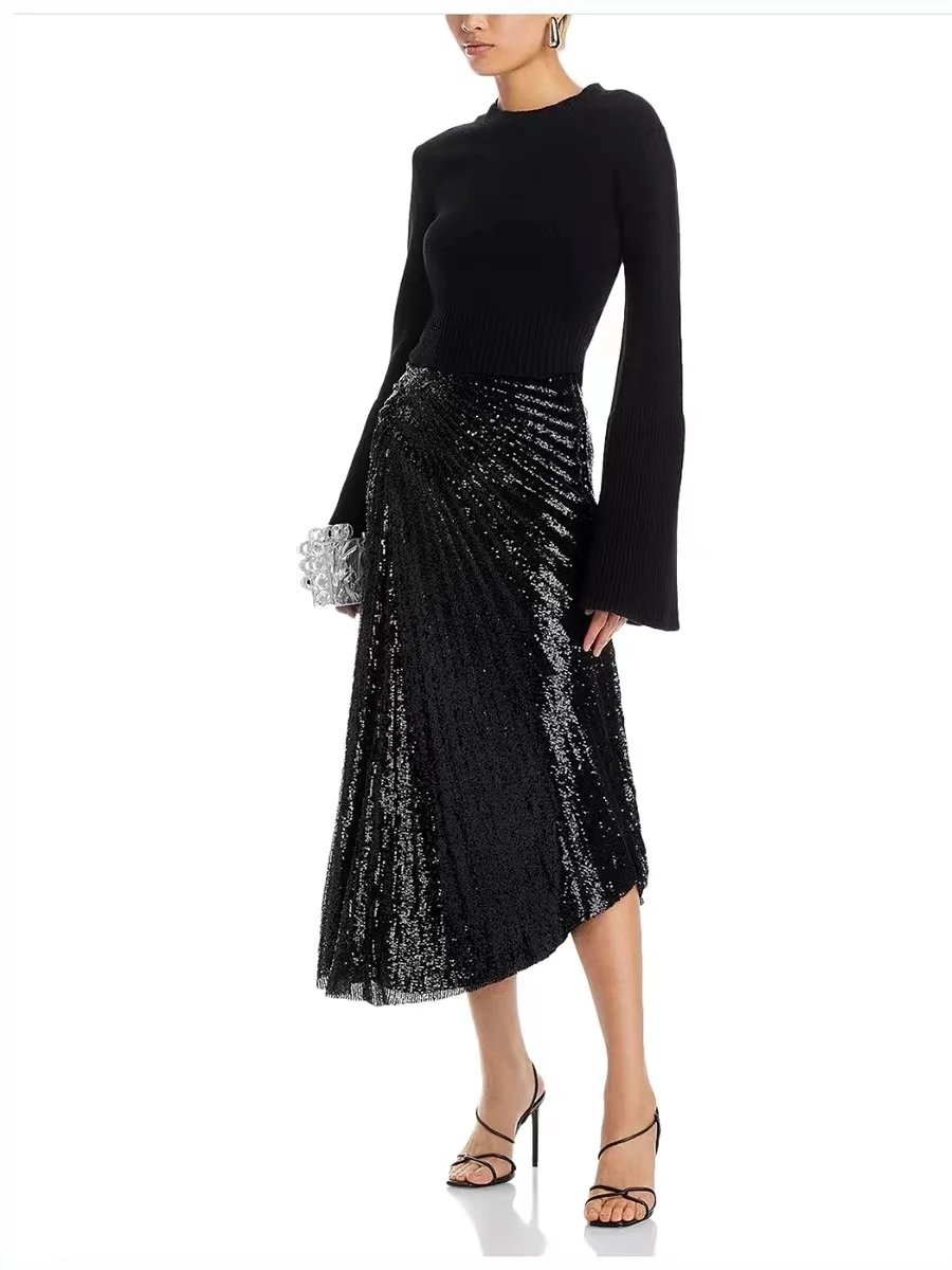 

Super Heavy Industry Sequin Quiet Color Design Feel Versatile Half Skirt