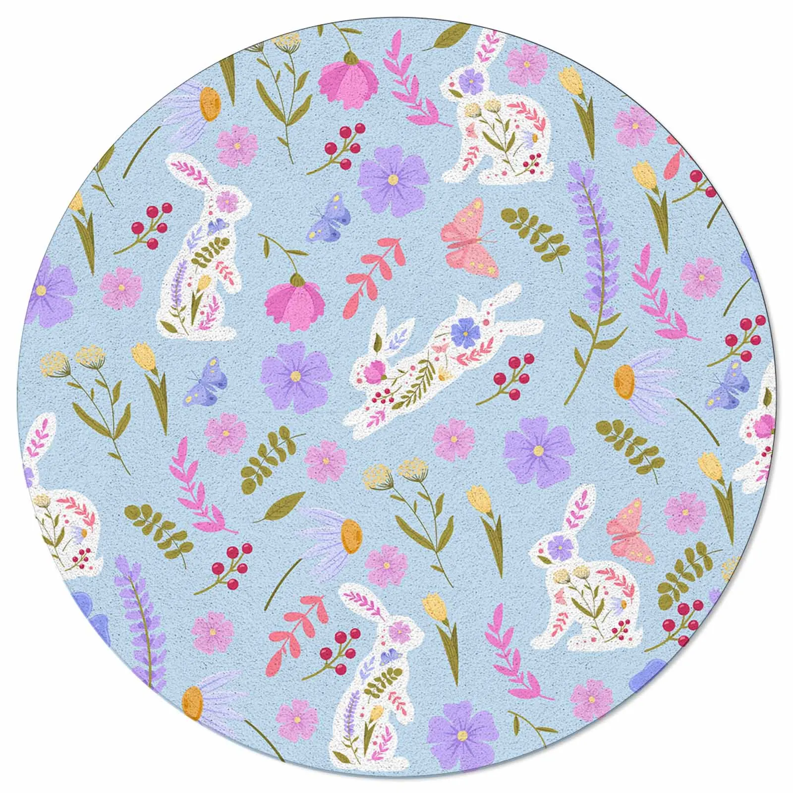 Rabbit Easter Flower Abstract Blue Round Area Rug Carpets For Living Room Large Mat Home Bedroom Kid Room Decoration