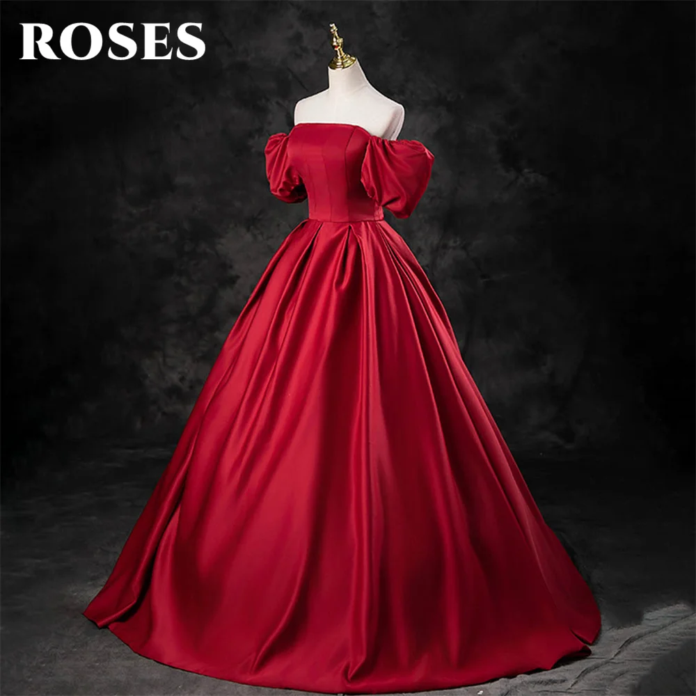 Vestido de fiesta sin tirantes con hombros descubiertos, vestido Formal de una línea, vestido de noche con estampado de rosas rojas, talla personalizada