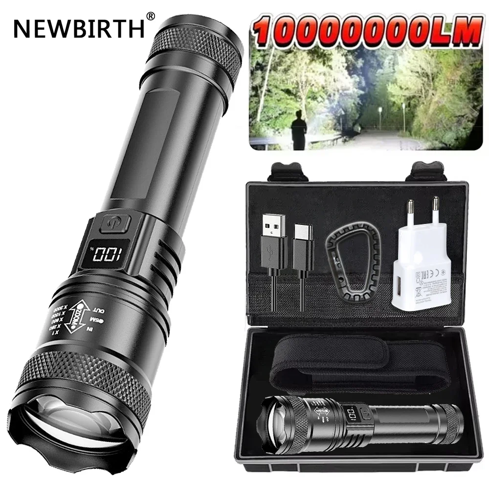 Rechargeable LED Flashlight Zoomable Torch with LCD Display 3 Modes Waterproof High Power Hand Light Outdoor Wilderness Camping
