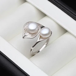 Amazing White Natural Freshwater Pearl Ring 925 Silver Woman,Real Double Adjustable Pearl Ring Wife Mother Birthday Gift Black