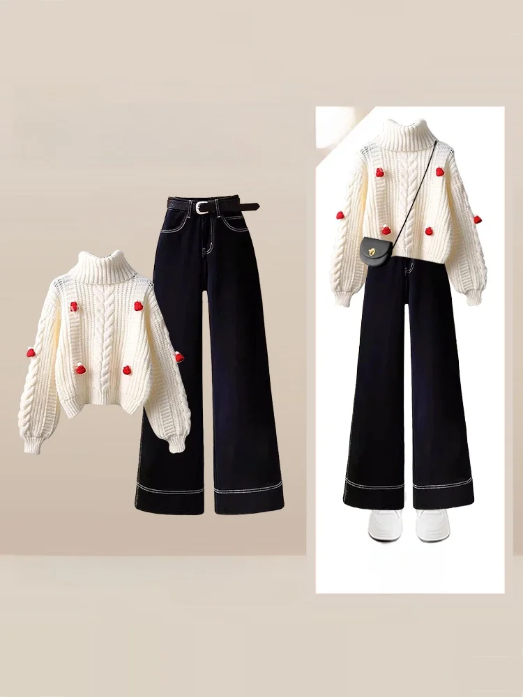 

Мягкий и теплый женский комплект больших размеров: вязаный свитер и джинсы с высокой талией и широкими штанинами, повседневный, с высоким воротником