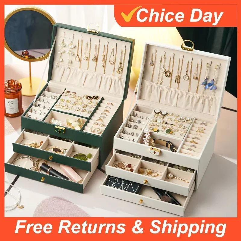 

Трехслойная коробка для хранения ювелирных изделий из искусственной кожи с ключом ​ Витрина для ювелирных изделий ​ Хранение сережек и ожерелий ​ Органайзер для ювелирных изделий