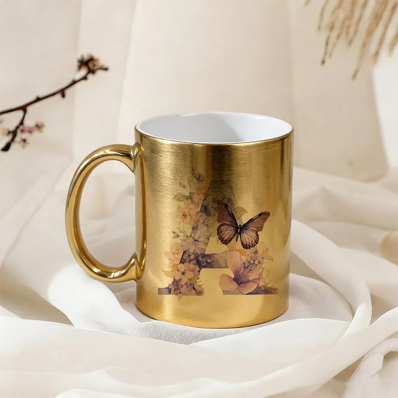 2026 New Style Butterfly Flowers Letter Print Fashion Water Cup Coffee Cup Tea Milk Cup Golden Mugs Party Gifts for Girlfriend
