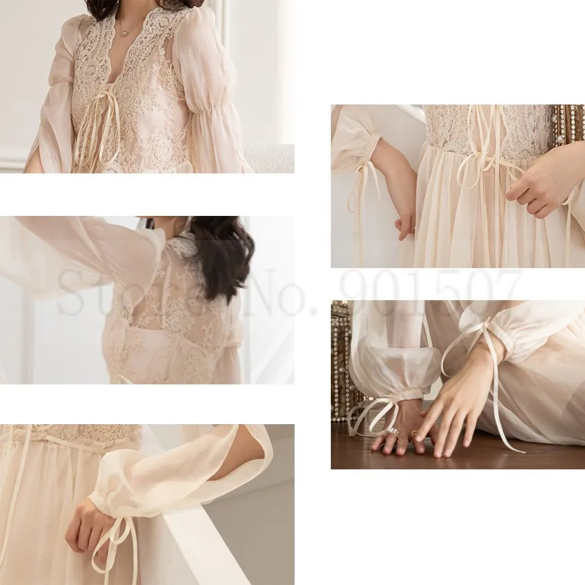 Trailing Wedding Gown PERSPECTIVE Bride Bridesmaid Kimono Robe Dress Sexy Hollow Out Nightwear Bathrobe Lace Sleepwear