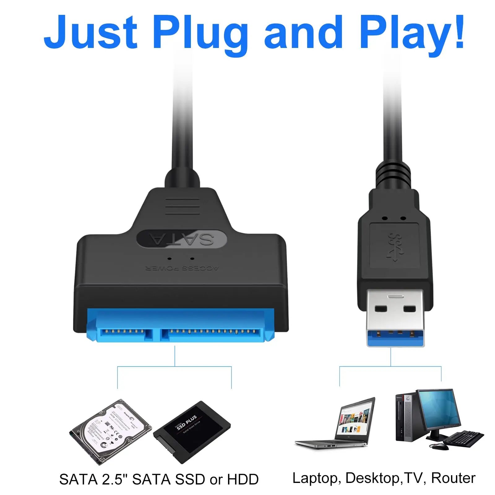 SATA to USB 3.0 / 2.0 Cable Up to 6 Gbps for 2.5 Inch External HDD SSD Hard Drive SATA 3 22 Pin Adapter USB 3.0 to Sata III Cord