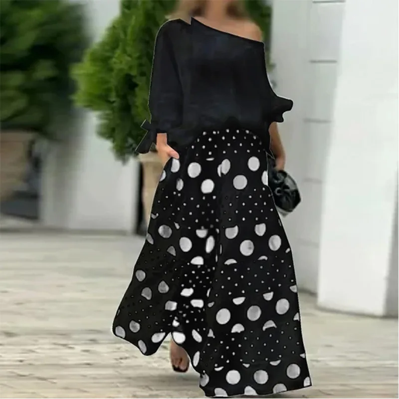 Elegant Women\'s Casual Off Shoulder Long Sleeved Lace Up Loose Shirt With Fashionable Polka Dot Print Long Skirt 2-piece Set