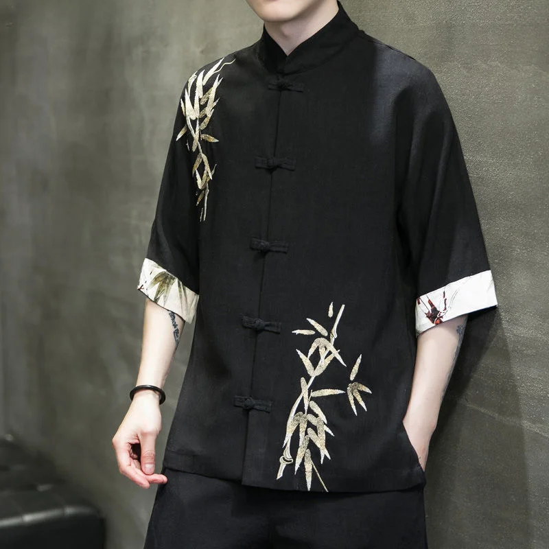 Tang Suit Men Chinese Style Summer Thin Cotton Linen Embroidery Shirt Trend Loose Hanfu Tops Large Size Shirt Vintage  Casual