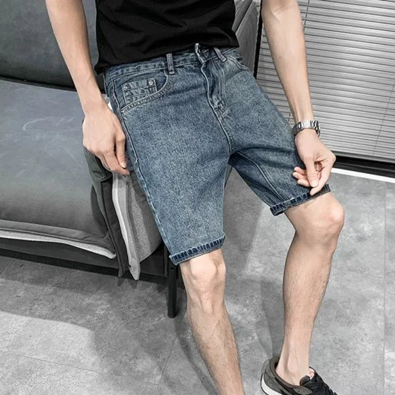 

Straight Men's Short Jeans Pants with Pockets Long Male Denim Shorts Half Bermuda Sale Stretchable Wih Zipper Original Designer