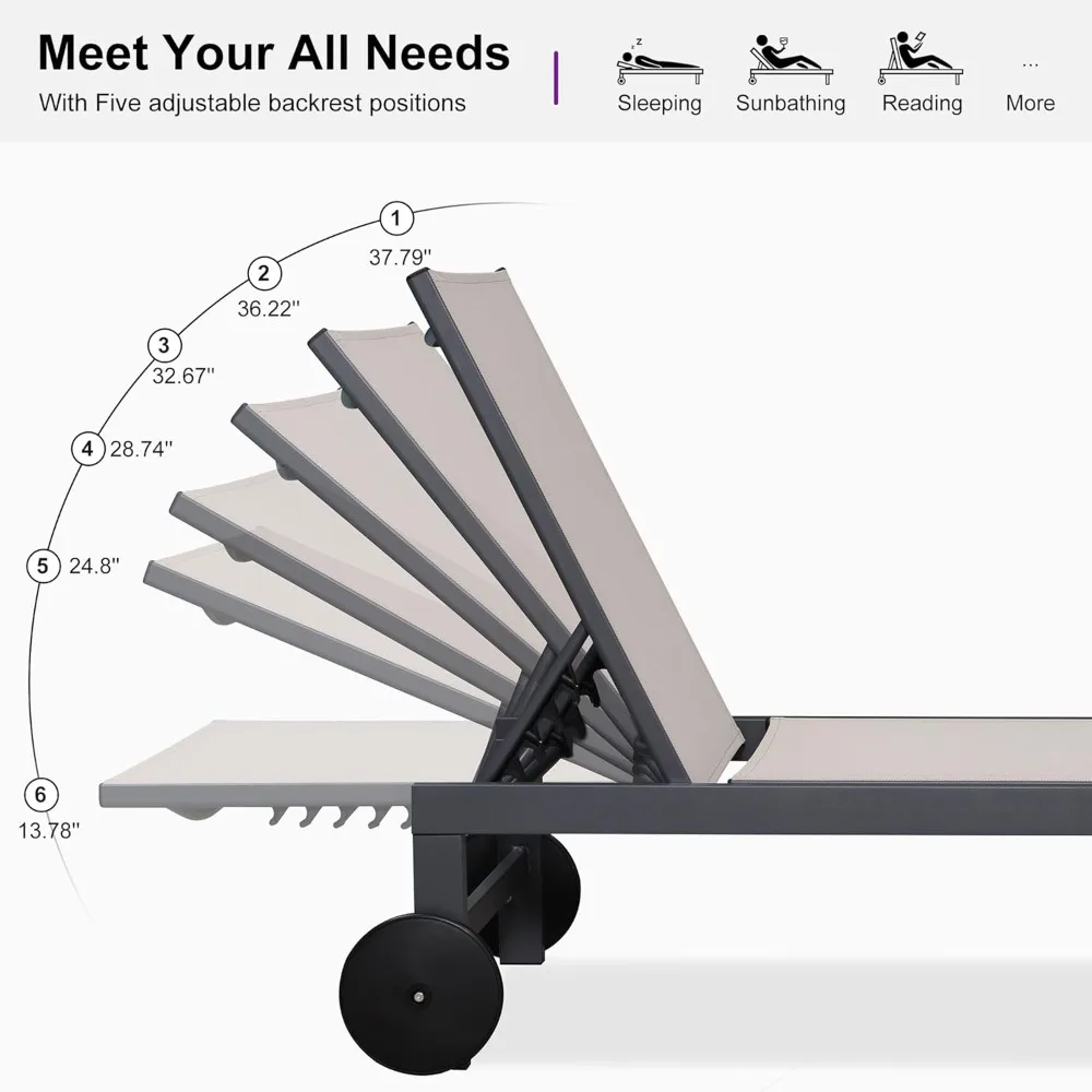 Ensemble de chaise longue d'extérieur en aluminium pour deux avec dossiers inclinables réglables et roues portables