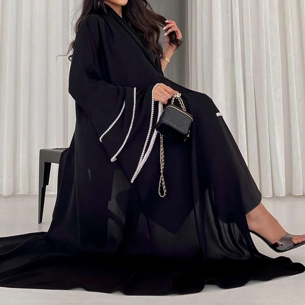 

Eid Party Abaya for Women Muslim Cardigan Beading Flare Sleeve Black Abayas Jalabiya Morocco Kaftan Vestidos Dubai Ramadan Robe