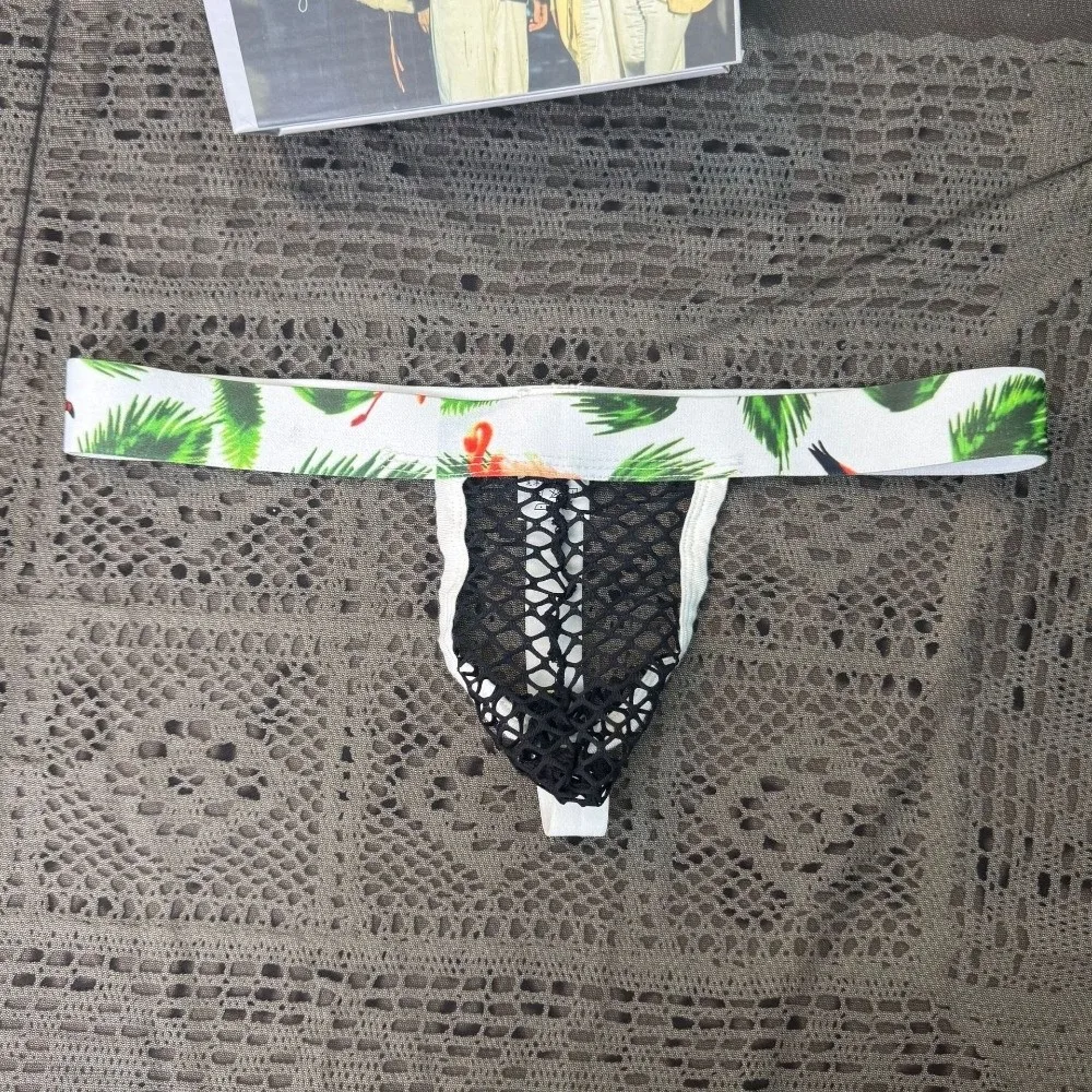 Vacation Style Bohemian Flower Men Floral Mesh Thongs Low Waist Underpants Men's Panties Lingerie T-back Male Briefs Men