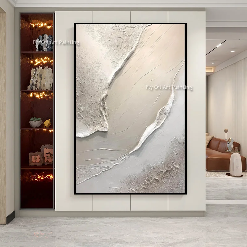 Hand Drawn Simple Beige White Seawave Oil Painting On Canvas New Popular White Brown Texture Thick Wave Wall Art For Home Decor